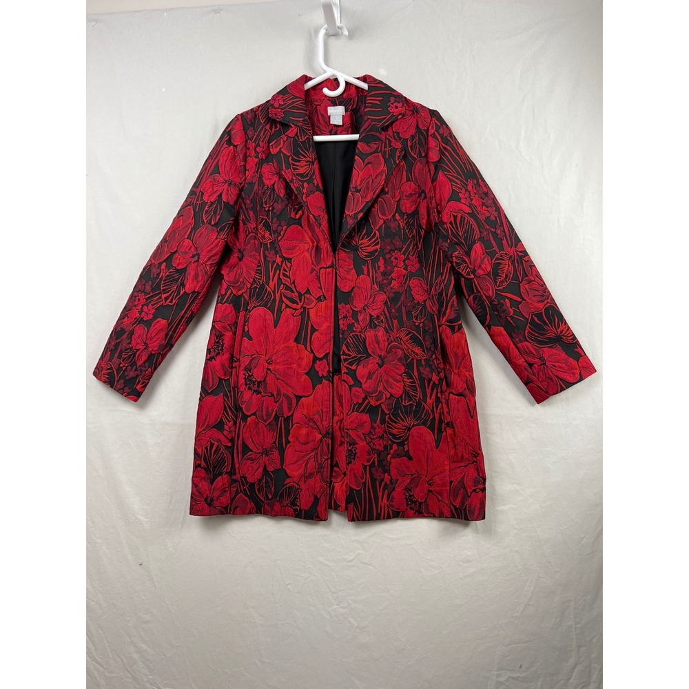 Chico's 1 Floral Jacquard Coat Women Size 8-10 Red Black Topper Notched Lapel